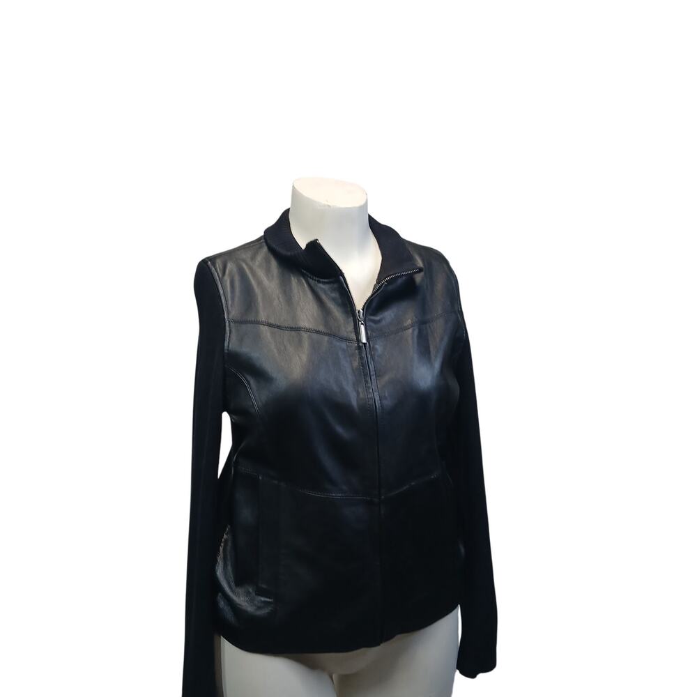 Jaclyn Smith Leather Vest Mixed Media Knit Sleeve Moto Jacket 14